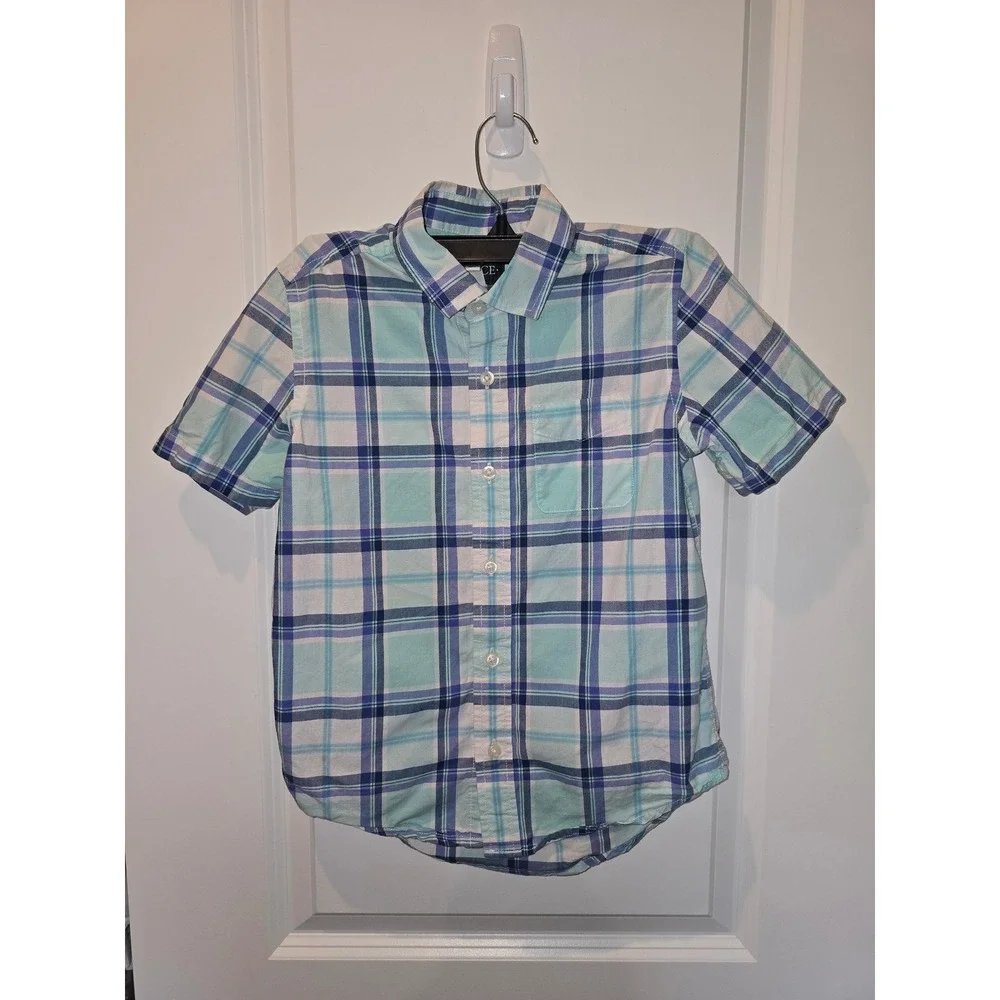 The Childrens Place Boys Teal Blue Plaid Short Sleeve Button Down Shirt Size 7/8